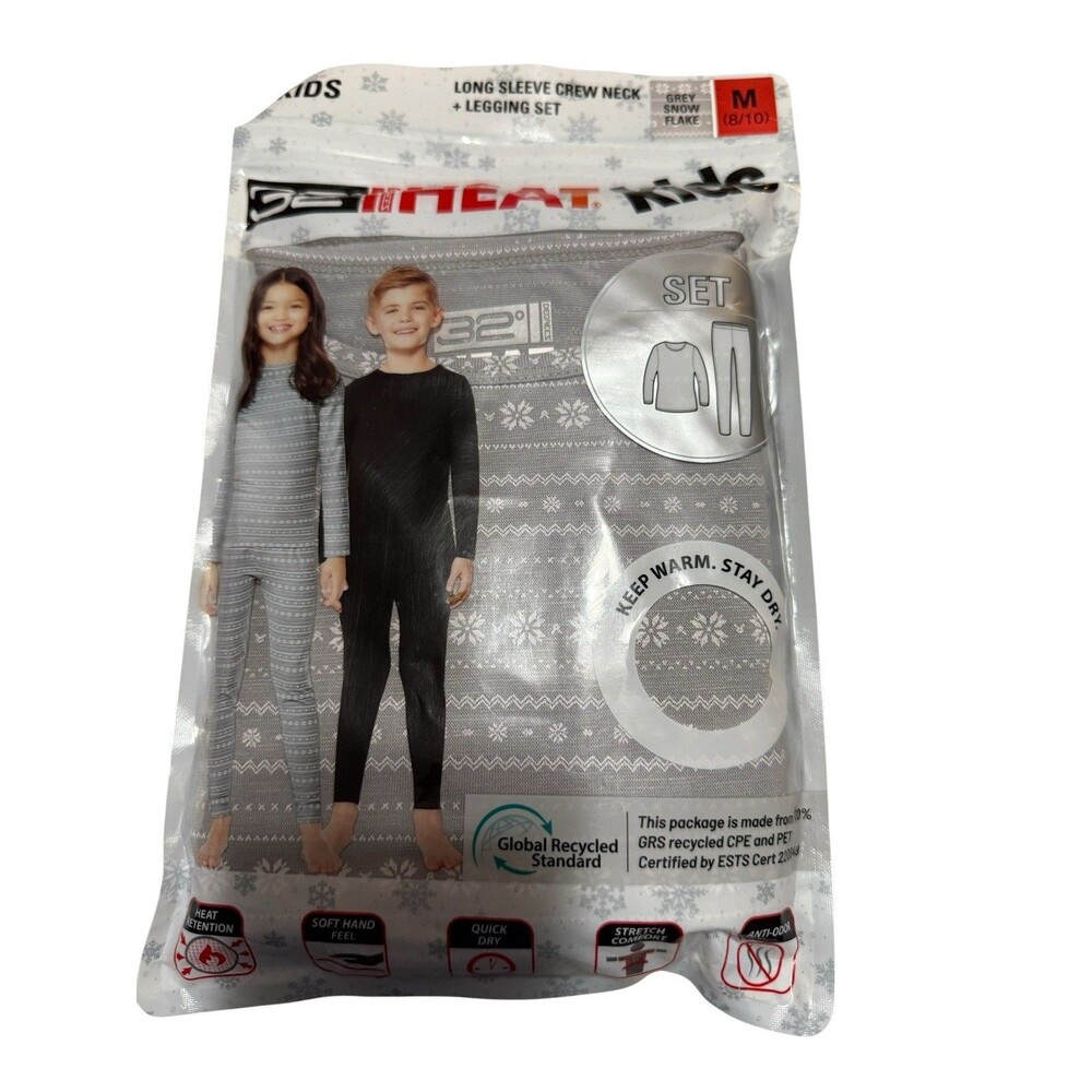 32 Degrees Heat Kids Thermal Base Layer Set Gray Snowflake Size M 8 10 New